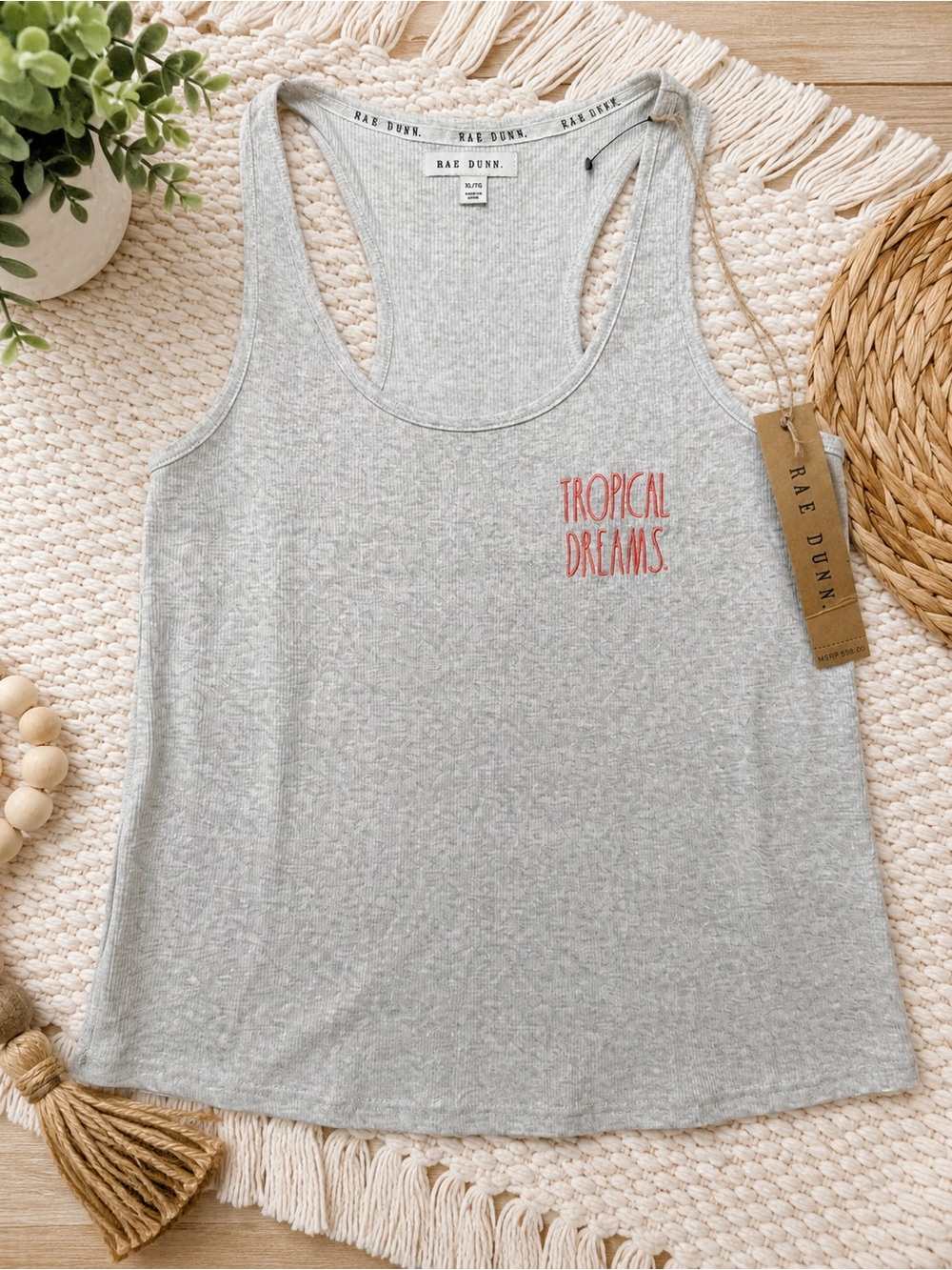 Rae Dunn Light Gray Racerback Tank with Coral 'Tropical Dreams' Text